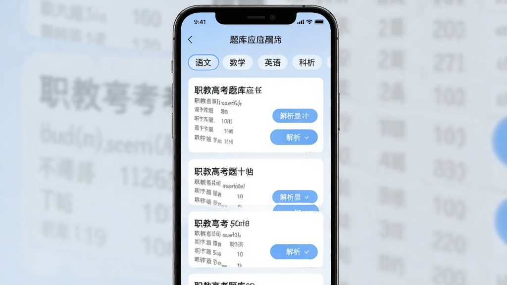 职教高考题库应用内展示海量题目列表的界面截图,手机屏幕显示着语文、数学、英语等科目标签,下方是题目卡片和解析按钮,背景是淡蓝色渐变,风格简洁现代,画面干净整洁,文字清晰,适合展示题库丰富度