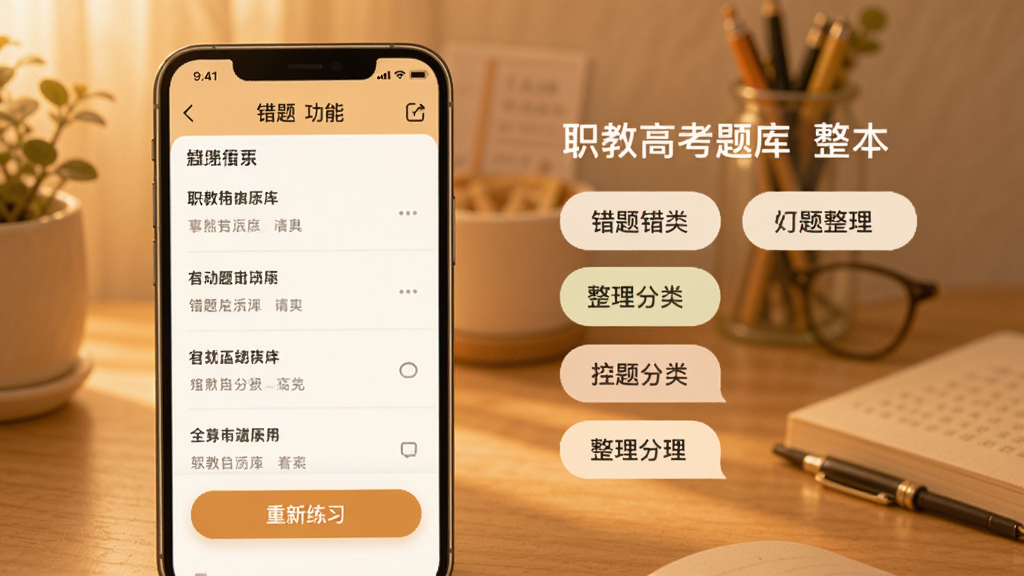 职教高考题库错题本功能界面截图,手机屏幕显示着错题列表和重新练习按钮,旁边有整理好的错题分类标签,背景是暖色调,画面温馨舒适,风格简约,文字清晰,突出错题自动整理功能