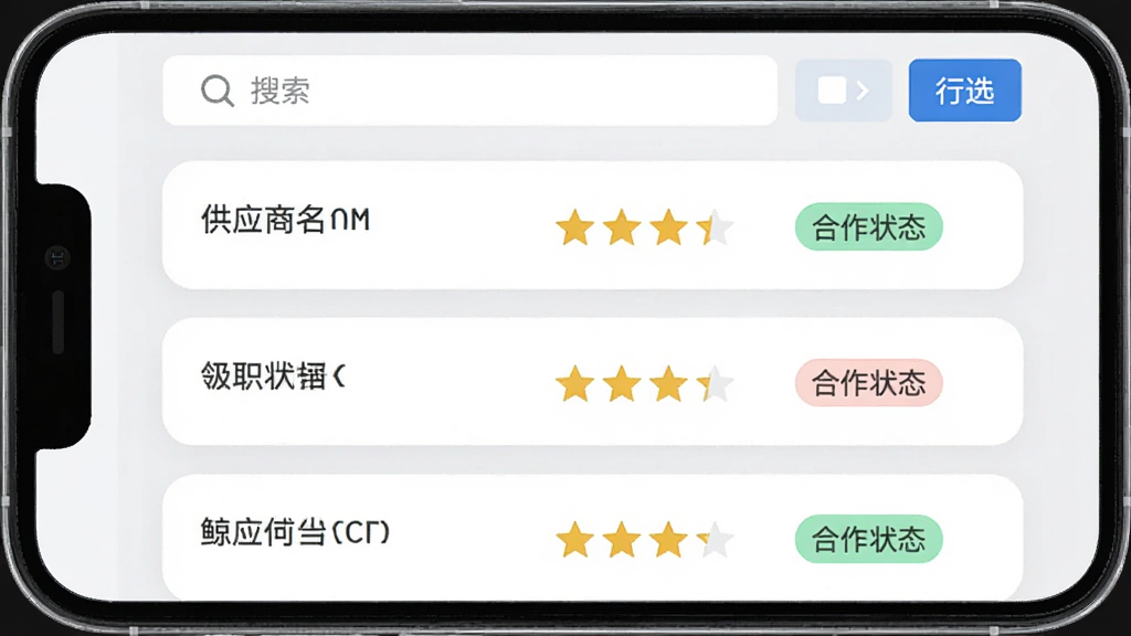 鲸采云SRM供应商管理界面截图,画面展示手机屏幕上供应商列表,每个条目显示供应商名称、评级星级、合作状态标签,顶部有搜索框和筛选按钮,背景为浅灰色,列表卡片为白色圆角设计,风格现代扁平,画质干净无多余元素