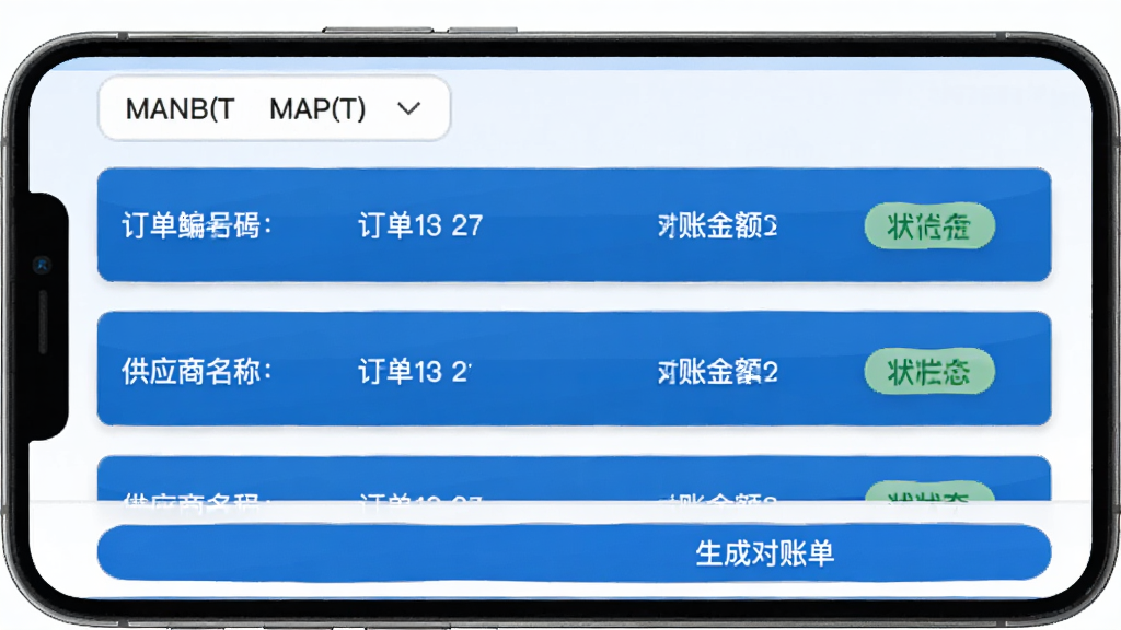 鲸采云SRM对账结算功能界面,手机屏幕显示对账单列表,每条记录包含订单编号、供应商名称、对账金额和状态标签,顶部有月份筛选器,底部有生成对账单按钮,界面采用蓝白配色,数据卡片清晰,风格商务简洁,画质干净无多余元素