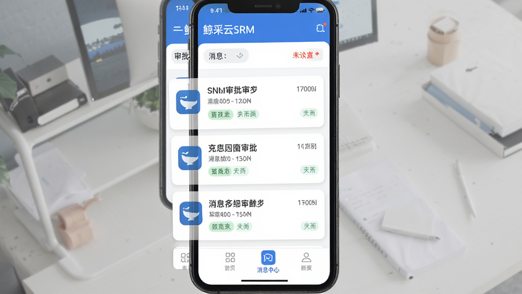 鲸采云SRM移动审批与消息提醒界面,手机屏幕显示待审批列表和消息通知卡片,每条消息有图标、标题、时间和状态标签,顶部有未读数量提醒,底部导航栏高亮消息中心,风格清爽,蓝白配色,画质干净无多余元素