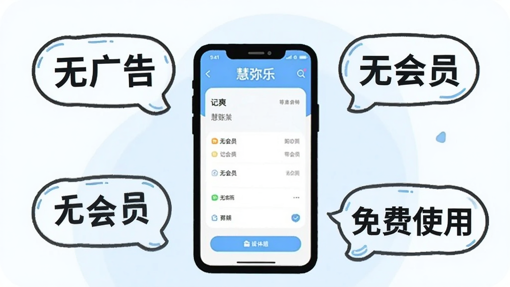 一张“慧弥乐”应用界面展示无广告清爽体验的插画,画面中手机屏幕显示记账首页,周围有“无广告”“无会员”“免费使用”的文字气泡环绕,风格轻松活泼,以浅蓝色和白色为主色调,布局简洁,画质干净,无多余元素