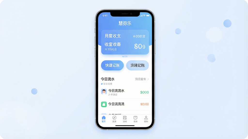 一张展示“慧弥乐”应用主界面的手机截图风格插画,画面中央是一部现代智能手机,屏幕显示“慧弥乐”的记账首页,顶部有月度收支汇总卡片,中间是快捷记账按钮和今日流水列表,底部导航栏清晰可见,整体布局清爽,以柔和的蓝白渐变为主色调,图标圆润,风格现代扁平化,画质干净清晰,无多余元素
