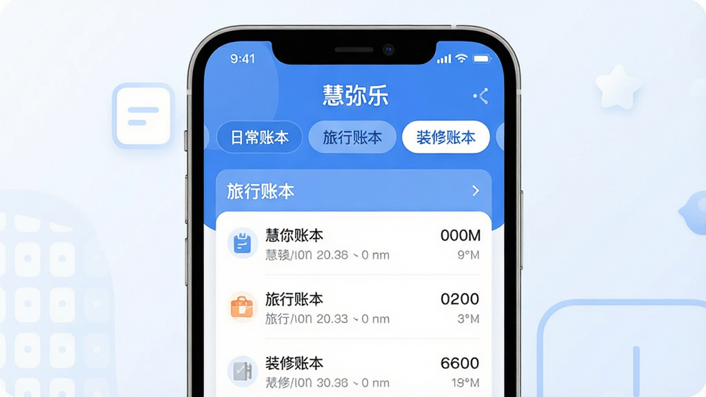 一张“慧弥乐”多账本切换界面的手机应用插画,屏幕顶部显示“日常账本”“旅行账本”“装修账本”标签页,当前选中“旅行账本”,下方展示对应流水记录,界面布局清晰,风格现代扁平,以蓝白配色为主,细节圆润,画质干净无多余元素