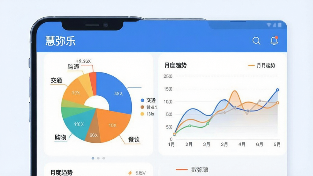 一张展示“慧弥乐”数据分析页面的手机界面插画,屏幕显示彩色饼图和月度趋势折线图,饼图标注“餐饮”“交通”“购物”等分类占比,折线图展示每日支出波动,布局清晰,风格简洁现代,以蓝色和橙色为主色调,画质干净,无多余装饰