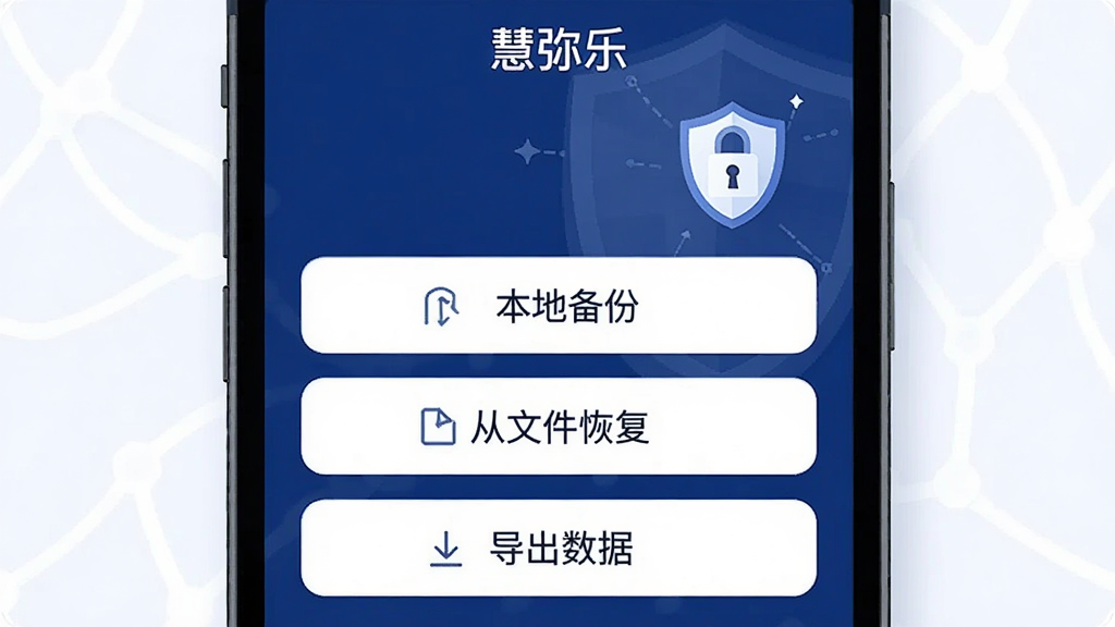 一张“慧弥乐”数据备份与恢复设置界面的手机应用插画,屏幕显示“本地备份”“从文件恢复”“导出数据”等选项按钮,背景有盾牌或锁的图标暗示安全,风格简洁现代,以深蓝和白色为主色调,布局清晰,画质干净无杂乱元素