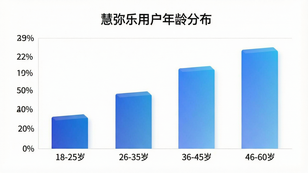 一张“慧弥乐”用户年龄分布柱状图,横轴标注年龄段“18-25岁”“26-35岁”“36-45岁”“46-60岁”,纵轴标注用户占比百分比,柱状图颜色为渐变的蓝色系,图表标题为“慧弥乐用户年龄分布”,背景干净简洁,风格现代商务,画质清晰无多余元素