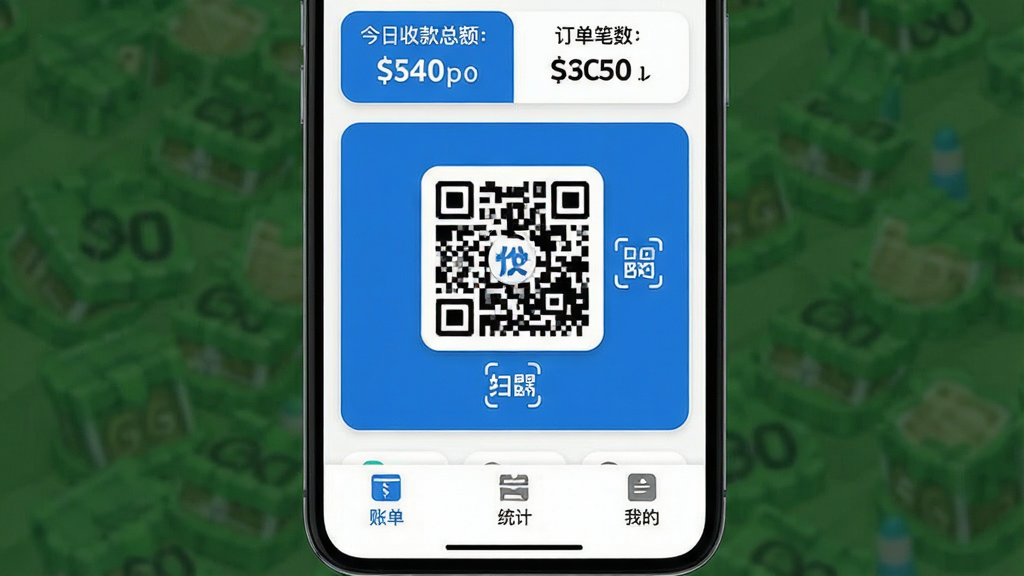 体此咪商家端 手机应用主界面 布局 顶部显示今日收款总额和订单笔数 中间是醒目的收款二维码和扫码图标 底部导航栏为账单 统计 我的三个选项 风格 现代扁平化设计 蓝白配色 细节 图标圆润清晰 画质 高清干净 无多余元素