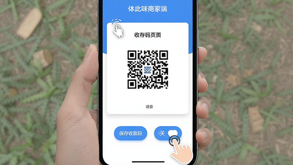 体此咪商家端 操作界面 布局 手机屏幕显示收款码页面 下方有保存收款码和语音播报开关 旁边有手指点击的示意 风格 扁平化 蓝色主色调 细节 按钮圆润 文字清晰 画质 高清 无多余元素