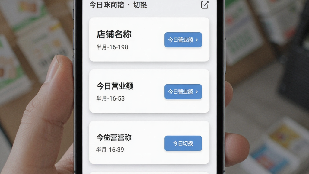 体此咪商家端 多店铺管理界面 布局 手机屏幕显示店铺列表 每个店铺卡片上有店铺名称 今日营业额 和切换按钮 风格 卡片式设计 浅色背景 细节 卡片带有轻微的阴影 文字清晰易读 画质 干净 无多余元素
