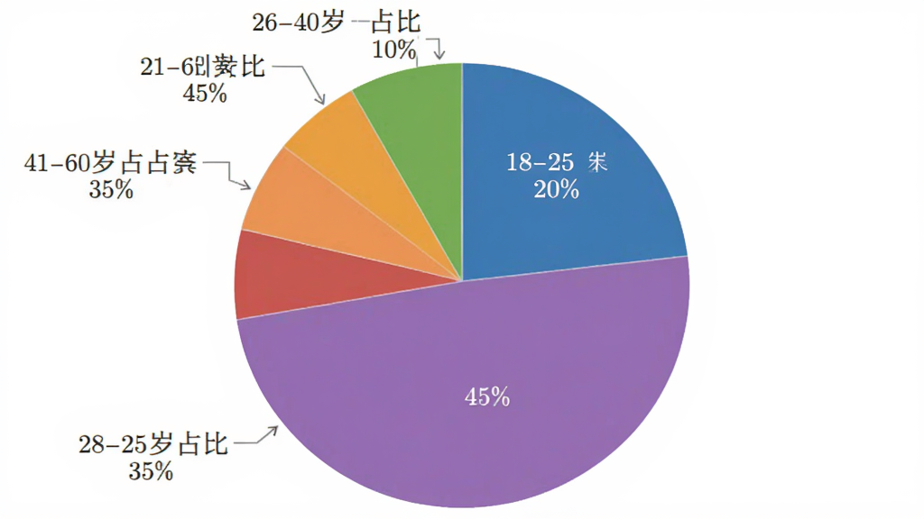 体此咪商家端 用户年龄分布饼状图 布局 圆形饼图 不同颜色色块代表不同年龄段 风格 数据可视化 简洁商务 细节 标注18-25岁占比20% 26-40岁占比45% 41-60岁占比35% 画质 高清 无多余元素
