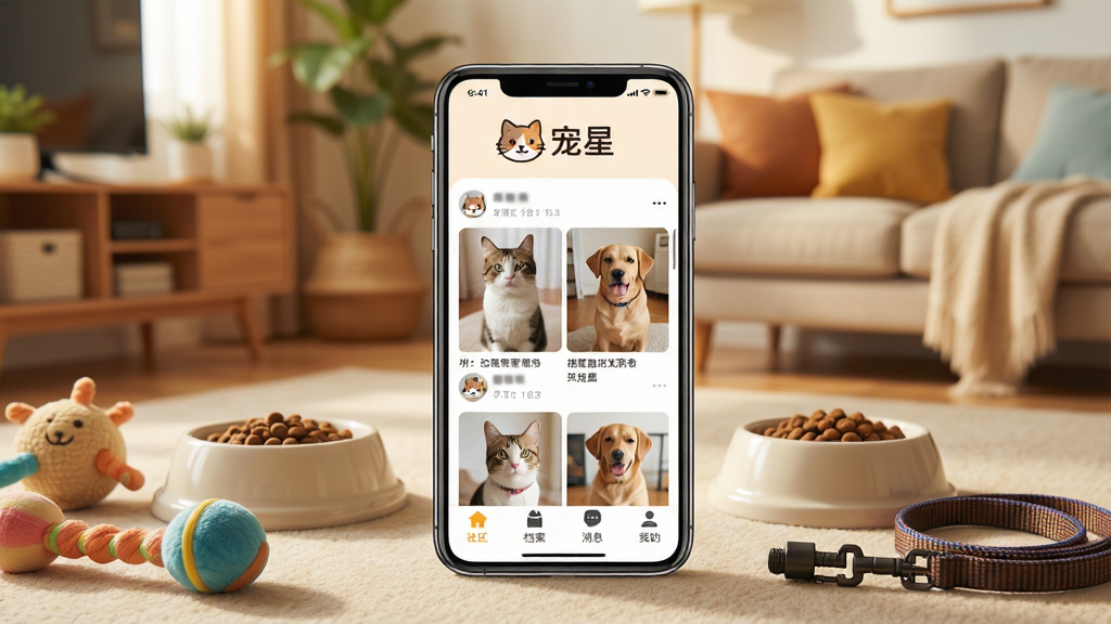 һ��չʾ�����罻Ӧ��ȫò�ĳ���ͼ������������һ�������ֻ����ֻ���Ļ����ʾ�š����ǡ�App�������棬���涥���пɰ���è��ͷ��Logo�͡����ǡ����֣��м��ǳ��ﶯ̬��Ϣ�������Կ����û�������è��͹�����Ƭ���ײ�����������������Ϣ���ҵ��ĸ�����ͼ�꣬�ֻ���Χɢ���ų�����ߡ�è���롢������Ԫ�أ���������ܰ�ľӼҿ��������������ů������ϸ�ڷḻ�����ʸɾ��������޶�������Ԫ��