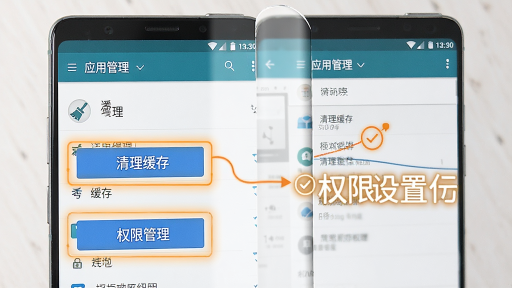 一张展示手机清理缓存和权限设置的示意图,画面中一部安卓手机打开着设置界面,界面上显示着应用管理页面,其中有“清理缓存”和“权限管理”的按钮被高亮标注,背景简洁,风格写实,画质清晰,无多余元素