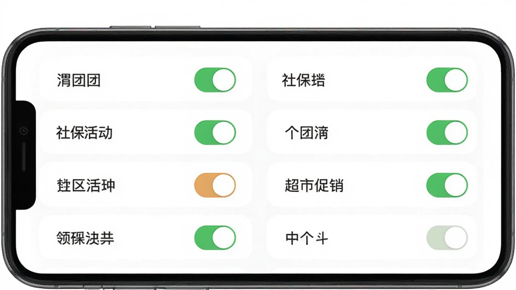 渭团团App的个性化订阅界面截图,手机屏幕中显示着渭团团的订阅管理页面,页面上有多个分类标签如社保、医保、社区活动、超市促销等,每个标签旁边有开关按钮,用户可以选择开启或关闭,界面设计简洁明了,背景为白色,文字清晰,画质干净,无多余元素