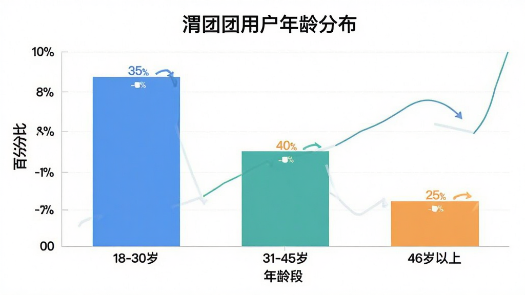 一张展示渭团团用户年龄分布的柱状图,图表标题为“渭团团用户年龄分布”,横轴是年龄段,纵轴是百分比,柱状图显示18-30岁占比35%,31-45岁占比40%,46岁以上占比25%,图表风格简洁现代,配色清晰,画质干净,无多余元素