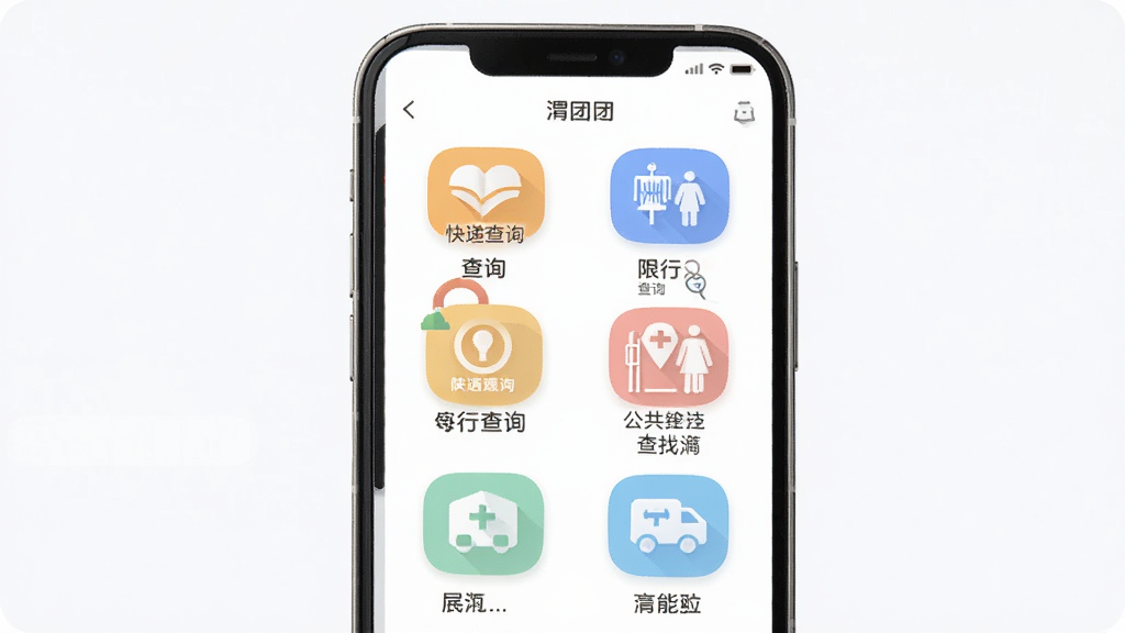 渭团团App的功能展示图,画面中一部手机打开着渭团团,屏幕中显示出各种便民小工具的图标整齐排列,如快递查询、限行查询、公共厕所查找等,图标风格统一为圆润的扁平化设计,色彩柔和,背景为浅色,整体画质干净,无多余元素