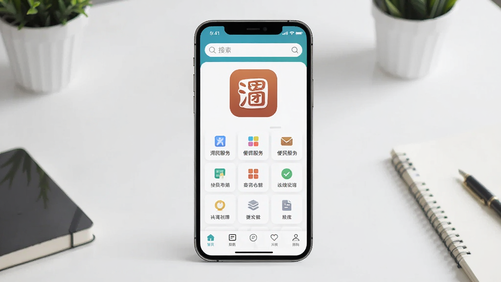 一张展示渭团团App主界面的手机样机图,手机屏幕中显示着渭团团的应用图标和简洁的首页布局,首页上方有搜索框,中间是便民服务功能网格,底部是导航栏,背景是干净整洁的桌面环境,风格现代扁平,画质清晰,无多余元素