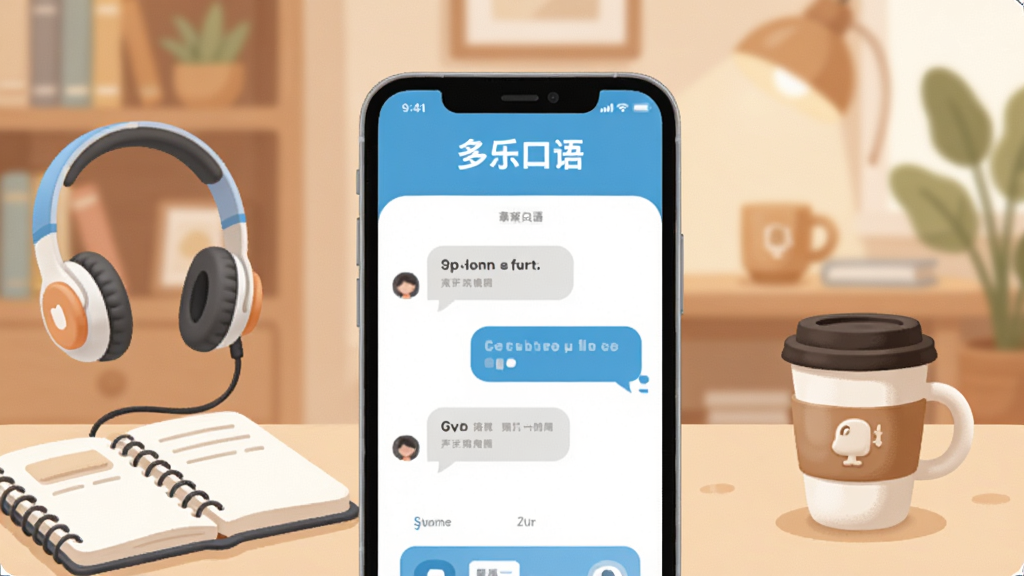 一个清爽的英语学习场景,画面中央是手机屏幕显示多乐口语APP的对话练习界面,屏幕上方有“多乐口语”字样,周围环绕着耳机、笔记本、咖啡杯等学习元素,背景是柔和的暖色调书房,风格现代简约扁平化,细节圆润干净,画质高清无多余元素