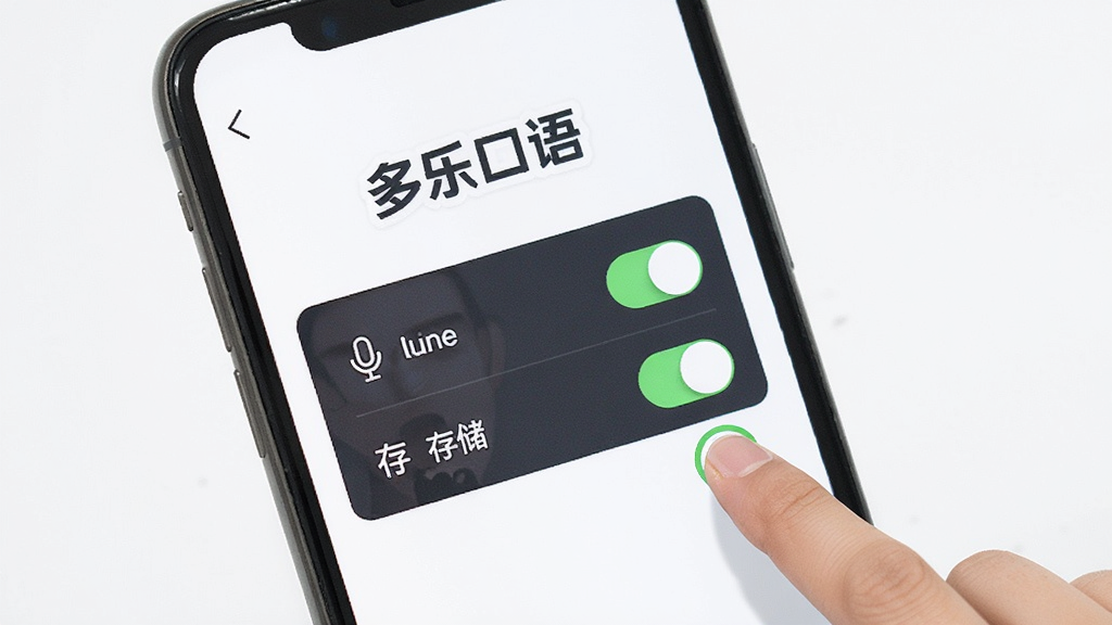 手机屏幕显示多乐口语APP的权限设置页面,画面中有“多乐口语”文字和麦克风、存储权限开关,旁边有手指点击允许的示意,风格简洁教程风,背景干净,画质清晰无多余元素