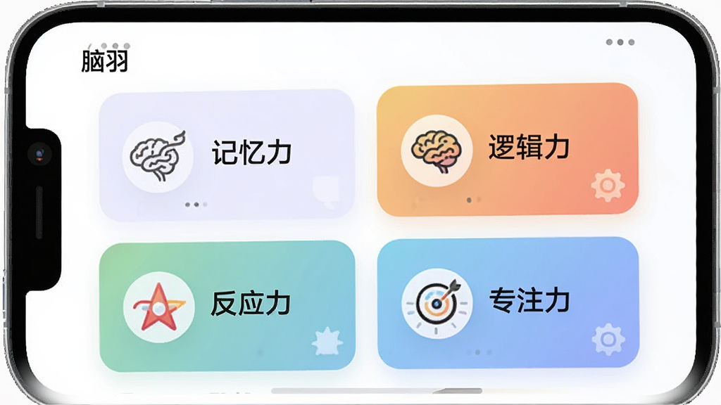 一张展示“脑羽”App训练分类页面的图片,主体是手机屏幕,屏幕显示四个大卡片,分别标注“记忆力”“逻辑力”“反应力”“专注力”,卡片上有对应的图标,背景是白色,布局清晰,风格现代扁平,细节圆润,画质干净,无多余元素