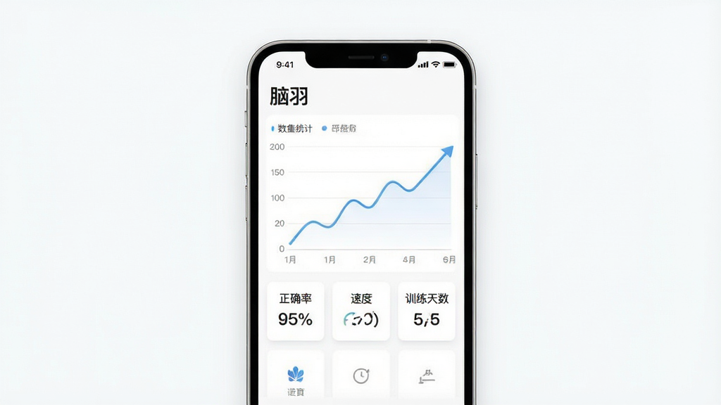 一张展示“脑羽”App数据统计页面的图片,主体是手机屏幕,屏幕显示一条上升的折线图和几个数据卡片,标注“正确率”“速度”“训练天数”,背景是白色,布局清晰,风格现代扁平,细节精致,画质干净,无多余元素