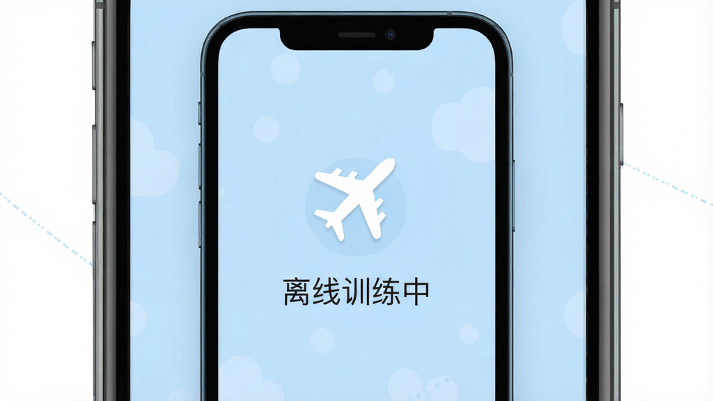 一张展示“脑羽”App离线模式提示的图片,主体是手机屏幕,屏幕中央显示一个飞机图标和“离线训练中”文字,背景是淡蓝色,布局简洁,风格现代扁平,细节清晰,画质干净,无多余元素