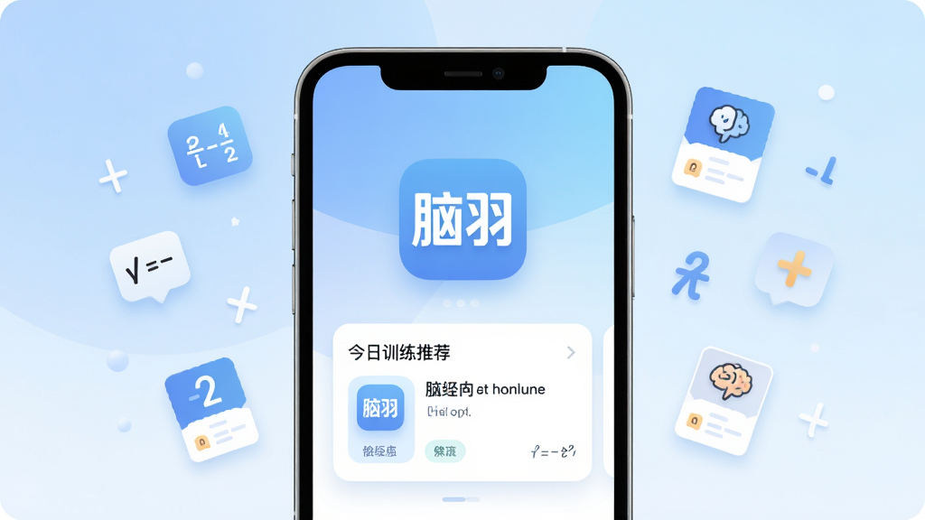 一张展示“脑羽”App主界面的图片,主体是一个清爽的手机屏幕,屏幕中央显示“脑羽”Logo和今日训练推荐卡片,背景是柔和的蓝白渐变,周围漂浮着数学符号和记忆卡片的小图标,布局居中,风格现代扁平化,细节圆润,画质干净清晰,无多余元素