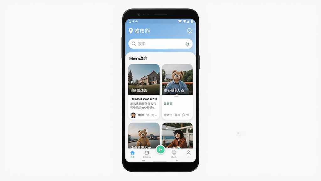本地熊App主界面全貌展示,画面中央是一部安卓手机,手机屏幕内显示本地熊应用的主页,顶部是城市定位和搜索框,中间是卡片式信息流展示同城动态和附近的人,底部是导航栏,整体布局简洁,排版清晰,风格现代扁平化,细节圆润,画质干净,无多余元素