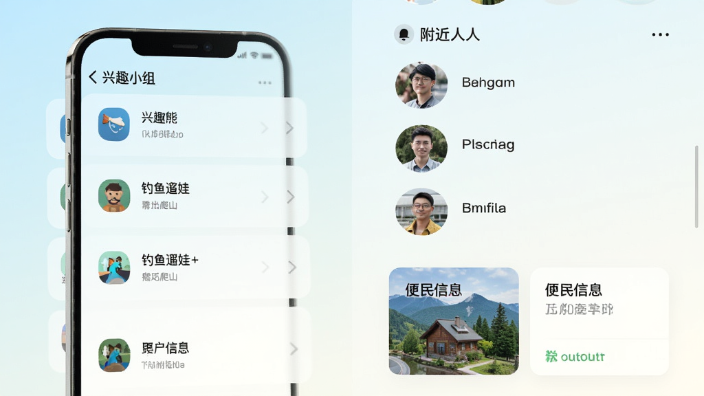 本地熊App的兴趣小组与附近功能界面,手机屏幕左侧显示兴趣小组列表如钓鱼遛娃爬山,右侧显示附近的人头像列表和便民信息卡片,背景是浅色渐变,布局左右分栏,风格简约现代,细节图标清晰,画质干净,无多余元素