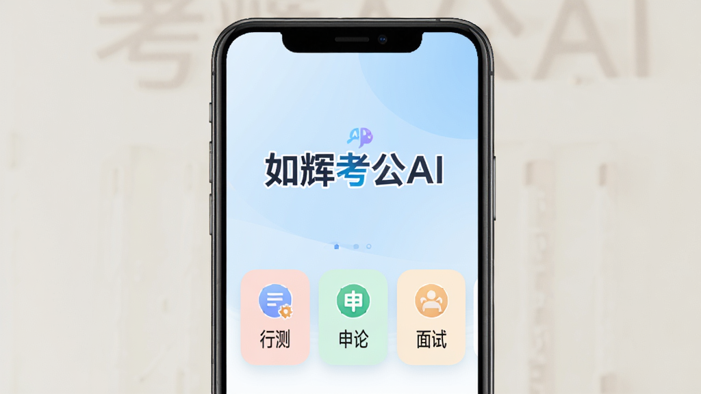 一张手机屏幕展示如辉考公AI主界面的图片,画面中央是手机模型,屏幕内显示如辉考公AI的启动页,背景是浅蓝色渐变,中间有醒目的“如辉考公AI”文字logo,下方排列着行测、申论、面试三个功能入口卡片,卡片圆角设计,配色柔和,整体风格简洁清新,画质干净无多余元素
