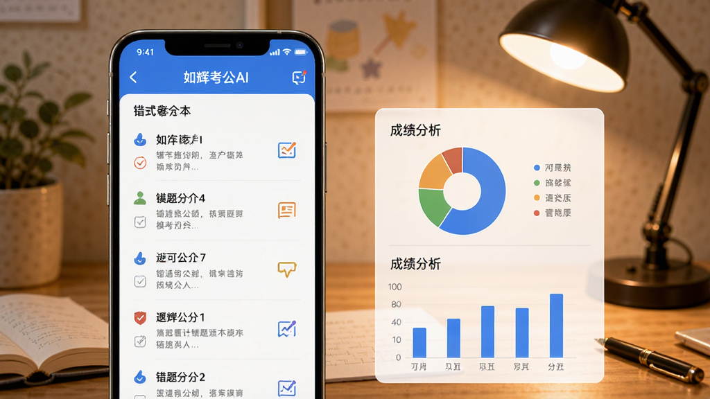 如辉考公AI的错题本和模考报告界面展示图,画面中一部手机屏幕左侧显示错题列表,右侧显示成绩分析饼图和柱状图,背景是书桌和台灯,整体色调温暖,学习氛围浓厚,排版清晰,画质干净