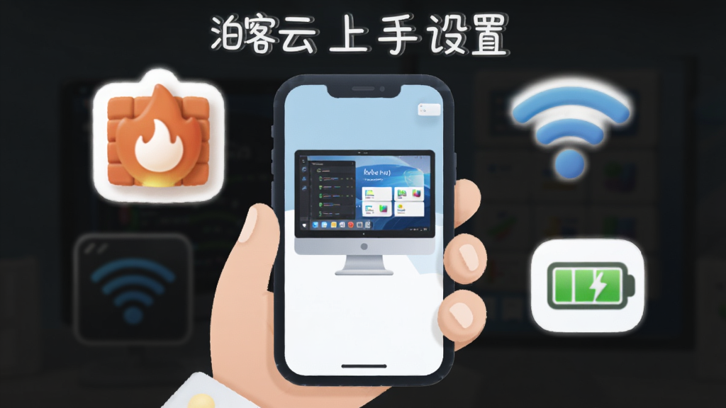 泊客云手机端操作示意图,画面中一只手拿着手机显示远程电脑桌面,周围有防火墙图标、WiFi信号图标、电池图标等元素,风格卡通扁平,细节圆润,画质干净,图中标注“泊客云上手设置”