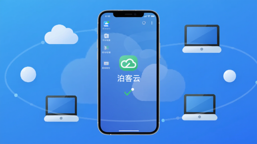 泊客云软件主界面展示,画面中央是手机屏幕显示云电脑桌面连接成功状态,背景是简约科技风蓝色渐变,周围环绕着云朵和电脑图标元素,整体布局清晰,风格现代扁平,细节圆润,画质干净无多余元素,图中文字标注“泊客云”