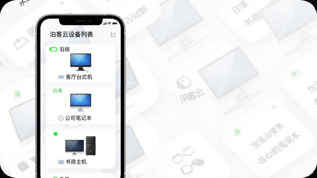 泊客云多设备管理界面,手机屏幕纵向排列三台电脑设备卡片,分别标注客厅台式机、公司笔记本、书房主机,设备状态指示灯亮起,背景是白色简洁风格,细节圆润,画质干净,图中文字标注“泊客云设备列表”