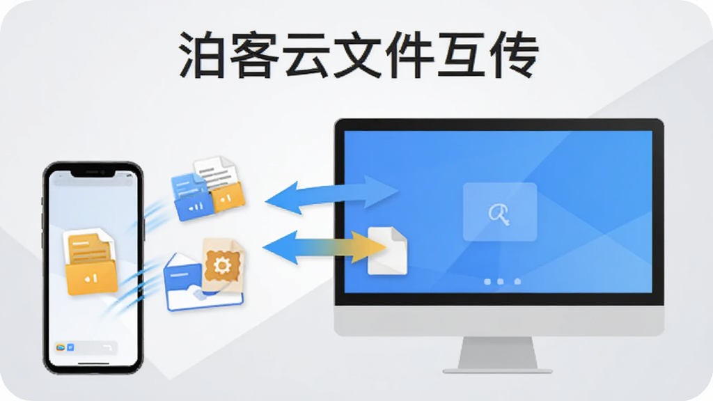泊客云文件传输功能展示,手机和电脑之间显示双向箭头传输动画,文件图标从手机飞向电脑屏幕,背景是浅灰色渐变,风格扁平化,细节简洁,画质清晰,图中标注“泊客云文件互传”