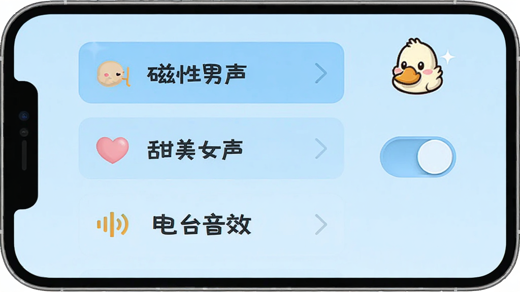 小鹅语音声音设置面板,手机屏幕显示声音滤镜选项列表,包括“磁性男声”“甜美女声”“电台音效”等标签,旁边有降噪开关按钮,界面以浅蓝色为主色调,配有卡通小鹅图标,风格简洁明快,画质干净无多余元素
