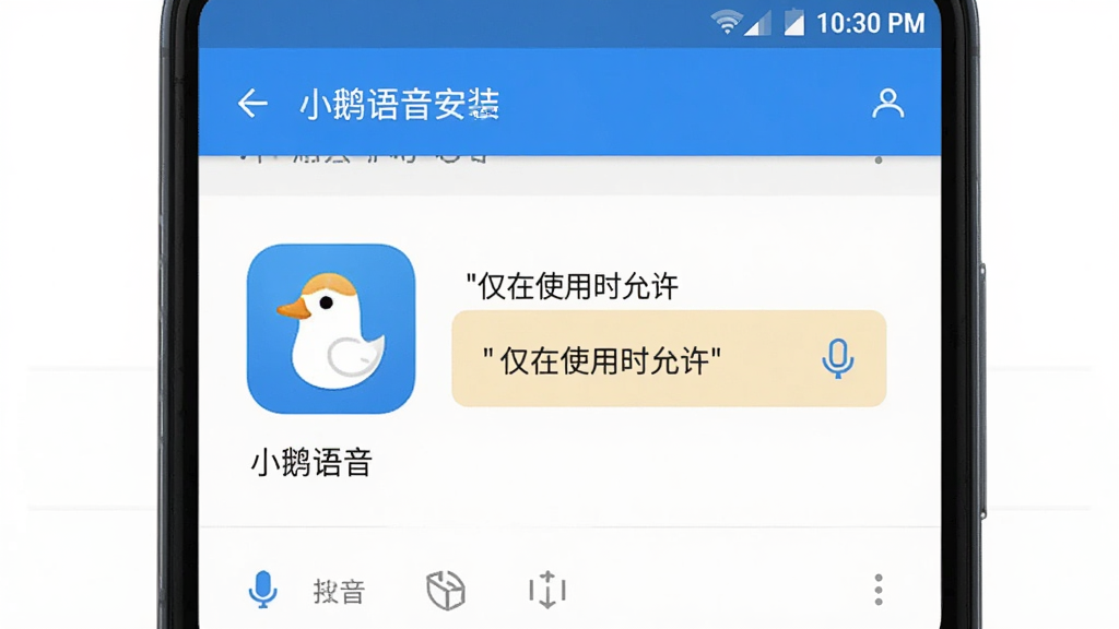 小鹅语音安装权限设置示意图,手机屏幕显示应用权限管理页面,麦克风权限高亮显示“仅在使用时允许”,旁边有“小鹅语音”应用图标,背景是安卓系统设置界面风格,画质清晰干净无多余元素