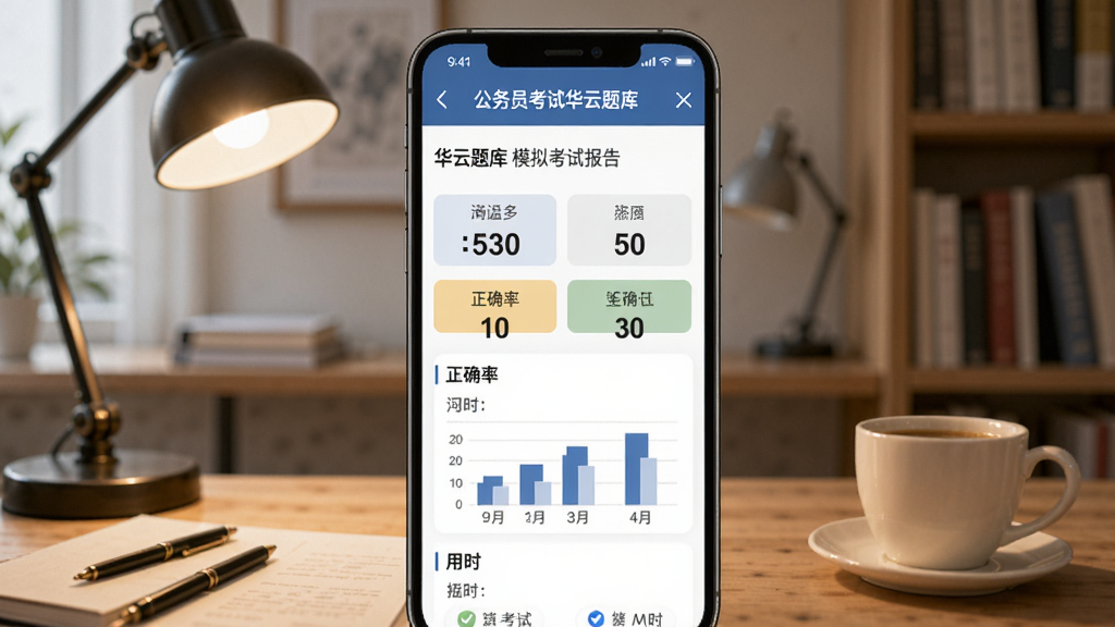 一张AI生成的插图,画面中央是一个手机屏幕,屏幕上显示公务员考试华云题库的模拟考试报告页面,有分数、正确率、用时等数据图表,背景是书房场景,桌上有台灯和咖啡杯,风格写实,画质清晰,无多余元素