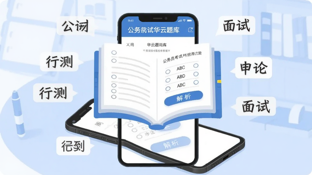 一张AI生成的插图,画面主体是一本翻开的电子题库悬浮在手机屏幕上方,屏幕上显示着公务员考试华云题库的做题界面,有ABCD四个选项和解析按钮,周围环绕着行测、申论、面试等文字标签,背景是淡蓝色的学习场景,风格扁平化,画质干净,无多余元素