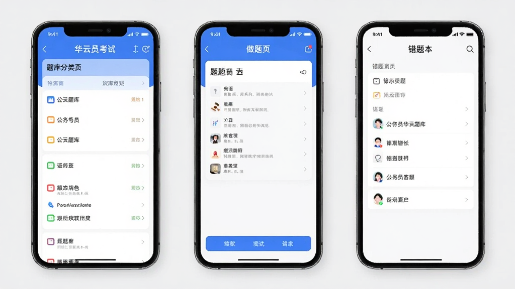 一张AI生成的插图,画面展示公务员考试华云题库App的三个核心界面并排排列,左边是题库分类页,中间是做题页,右边是错题本页,背景是干净的浅灰色,风格简约现代,画质清晰,无多余元素