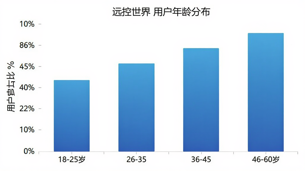 远控世界用户年龄分布柱状图,横轴为年龄段18-25岁、26-35岁、36-45岁、46-60岁,纵轴为用户占比百分比,柱状图颜色为蓝色渐变,背景为白色,布局简洁清晰,风格现代数据可视化,细节干净,画质清晰,无多余元素