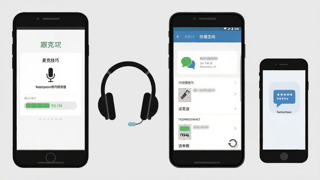 跟我读英语使用技巧示意图,手机屏幕展示麦克风权限设置页面和存储空间管理界面,旁边有耳机和手机图标,背景为浅灰色,风格扁平化,细节清晰,画质干净无多余元素