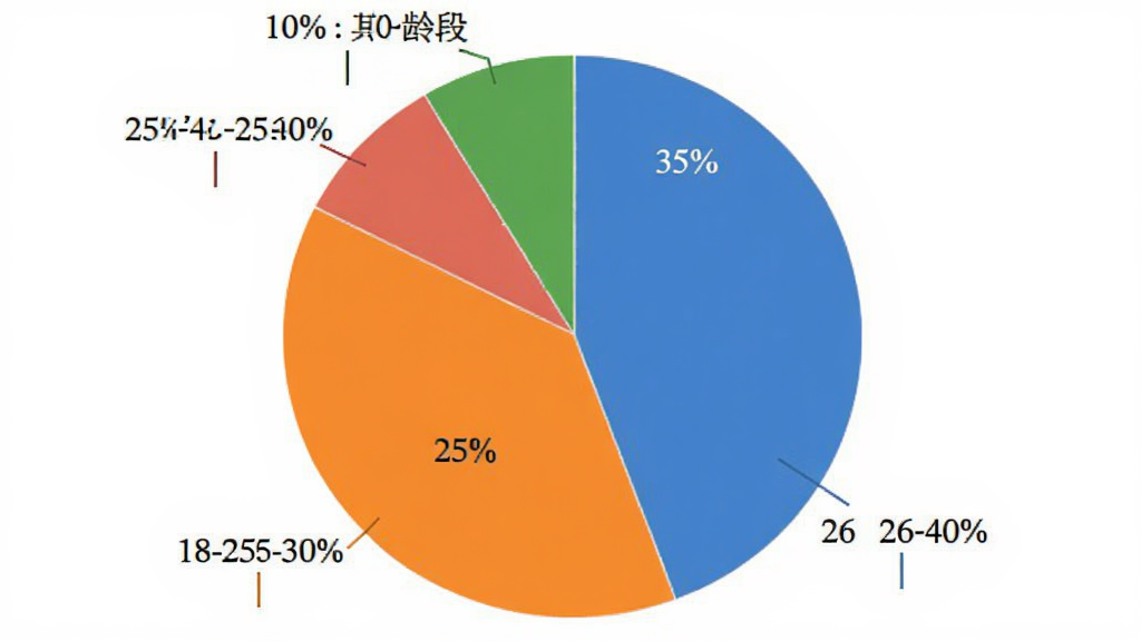 跟我读英语用户年龄分布饼状图,图表显示18-25岁占比30%、26-40岁占比35%、41-60岁占比25%、其他年龄段占比10%,颜色区分清晰,背景为白色,风格简洁数据可视化,画质干净无多余元素