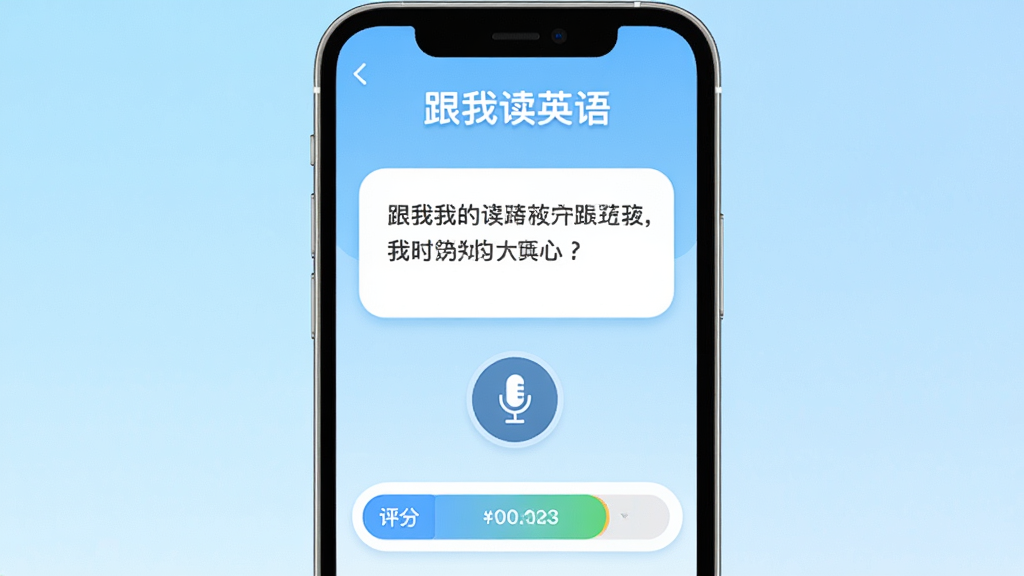跟我读英语App主界面展示,手机屏幕居中放置,界面顶部显示“跟我读英语”文字标识,中间是课文跟读卡片和麦克风按钮,底部有评分反馈条,背景为浅蓝色渐变,风格简洁清爽,细节圆润,画质干净无多余元素