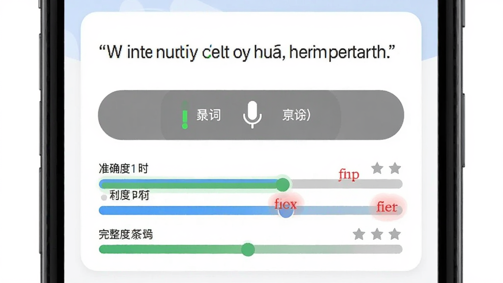 跟我读英语跟读评分界面,手机屏幕展示一句英文和麦克风录音状态,下方有准确度、流利度、完整度三个评分条,错词标红,背景为白色卡片式布局,风格现代扁平,画质干净无多余元素
