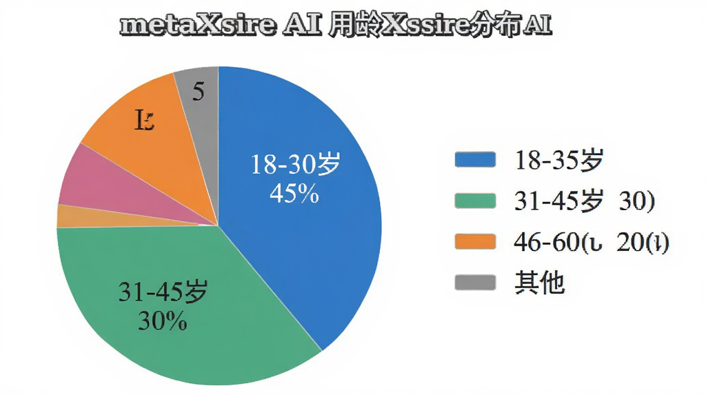一张展示metaXsire AI用户年龄分布饼状图的图片,主体是饼状图图表,布局为左侧饼图右侧图例,排版居中,风格为扁平化数据可视化风格,细节包括不同颜色扇区分别标注18-30岁45%、31-45岁30%、46-60岁20%、其他5%,画质干净无多余元素,高清