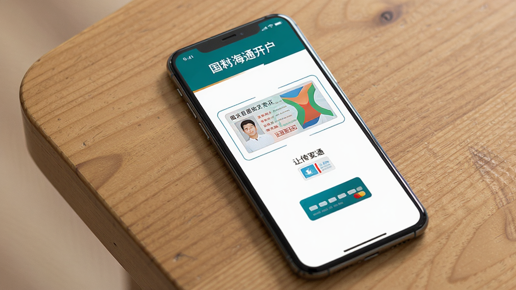 一部智能手机放在木质桌面上,屏幕显示国泰海通开户APP的身份证上传界面,画面中有身份证正反面示意框和银行卡图标,界面以白色和蓝色为主色调,布局清晰,风格扁平化设计,画质干净,无多余元素,突出便捷开户的主题