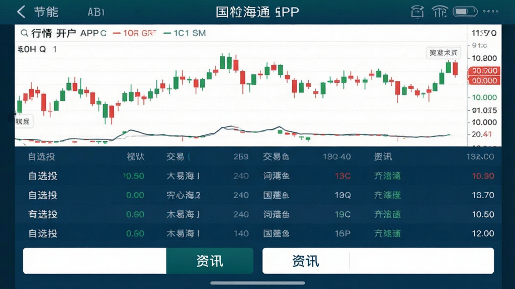 一张手机截图风格的图片,展示国泰海通开户APP的行情页面,屏幕上半部分是红绿相间的K线图,中间是自选股列表,底部有交易和资讯按钮,界面配色以深蓝和白色为主,文字标签清晰,风格专业简洁,画质干净,无杂乱元素