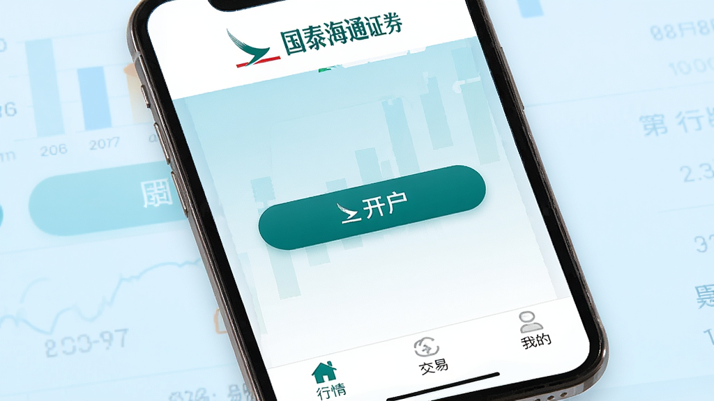 一张手机屏幕特写,画面中央是国泰海通开户APP的首页界面,顶部显示国泰海通证券的品牌标识,中间是醒目的开户入口按钮,底部有行情、交易、我的等导航栏,背景是干净的浅蓝色渐变,风格现代简洁,细节清晰,画质干净无多余元素,整体呈现专业金融工具的氛围