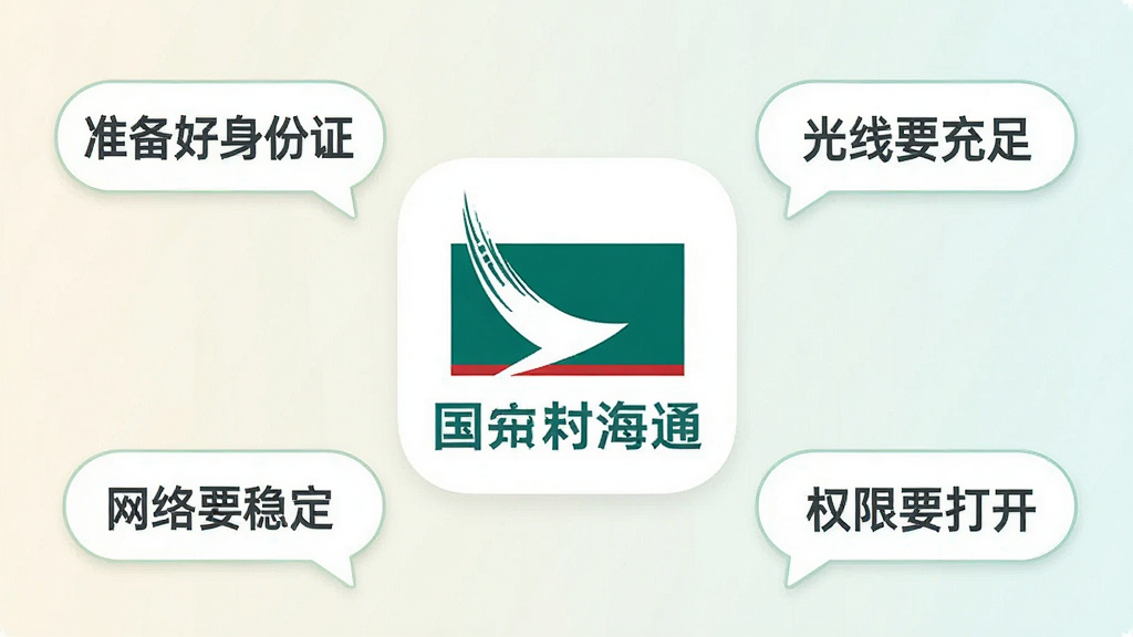一张信息图风格的图片,画面中央是国泰海通开户APP的图标,周围环绕着几个提示气泡,分别写着“准备好身份证”“光线要充足”“网络要稳定”“权限要打开”,背景是浅色渐变,风格清新简洁,文字清晰,画质干净,无多余元素